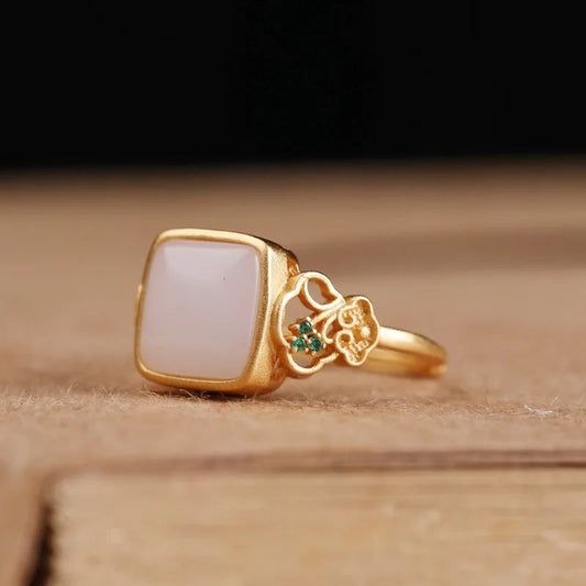 Vintage Gold Square White Stone & Floral Accent Adjustable Ring-Maryam Jewelry