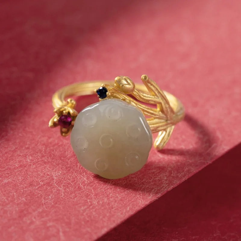 Vintage Gold Carved Green Stone & Floral Accent Adjustable Ring-Maryam Jewelry
