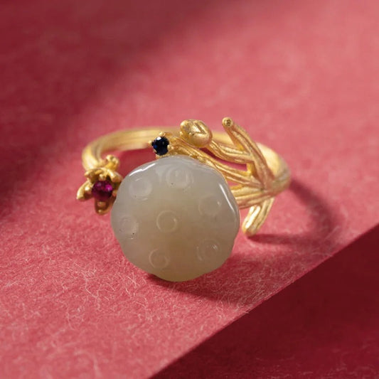 Vintage Gold Carved Green Stone & Floral Accent Adjustable Ring-Maryam Jewelry