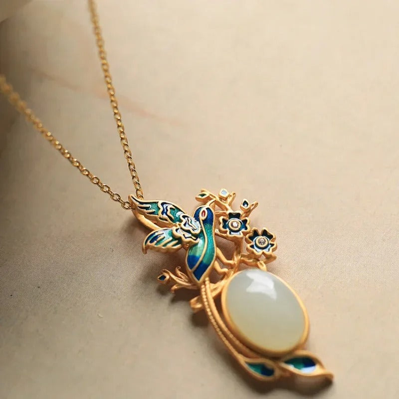 Classic Gold Bird & Flower Oval Gem Centerpiece Necklace-Maryam Jewelry