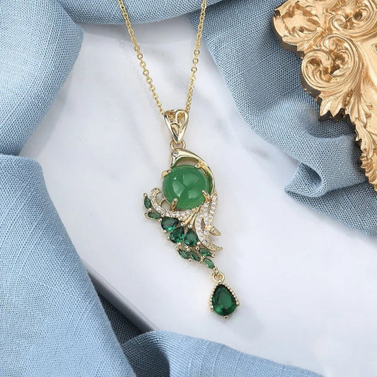 Classic Gold & Wind Green Crystal Phoenix Necklace-Maryam Jewelry
