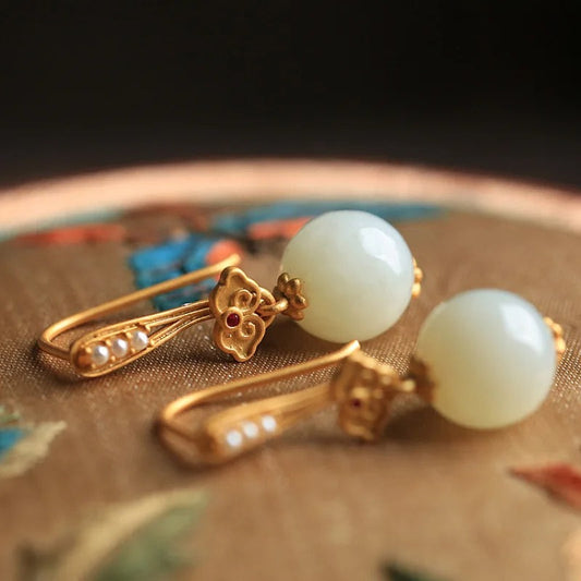 Vintage Gold White Inlaid Pearl Floral Design Earrings-Maryam Jewelry
