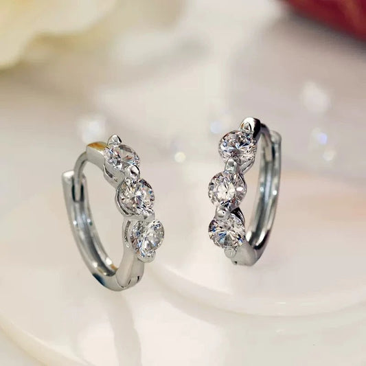 Silver Round Stone Hoop Earrings