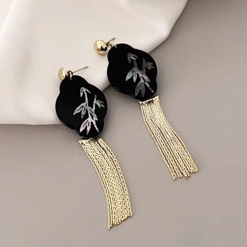 Vintage Black & Gold Tassel Bamboo Dangle Earrings-Maryam Jewelry