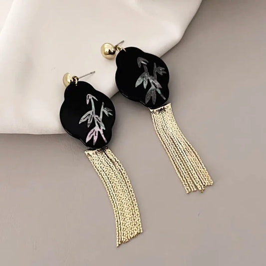 Vintage Black & Gold Tassel Bamboo Dangle Earrings-Maryam Jewelry