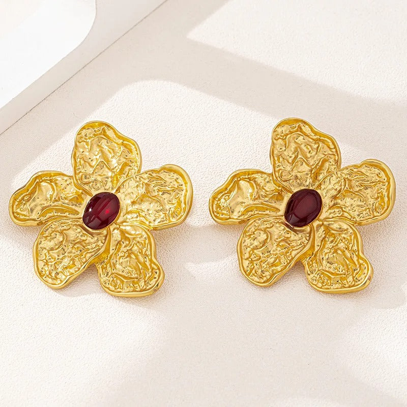 Classic Gold Flower Oval Red Stone Earrings-Maryam Jewelry
