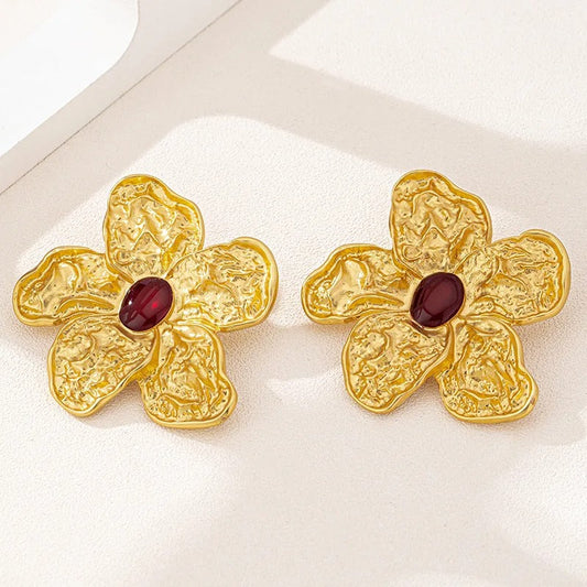 Classic Gold Flower Oval Red Stone Earrings-Maryam Jewelry