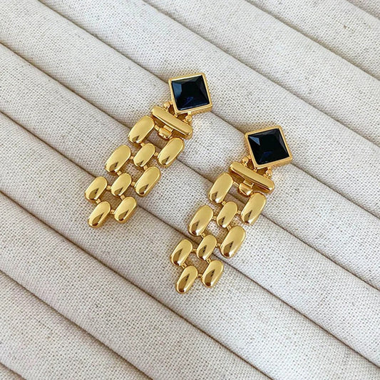 Vintage Gold Long Tassel Black Crystal Stud Earrings-Maryam Jewelry
