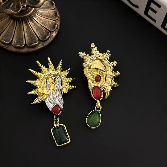 Vintage Gold & Silver Spiked Shell Colored Accent Stone Earrings-Maryam Jewelry
