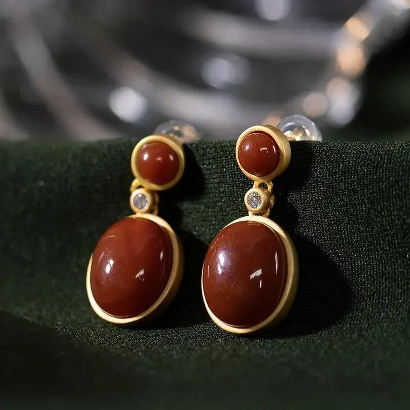 Classic Gold & Red Gemstone Dangle Earrings-Maryam Jewelry