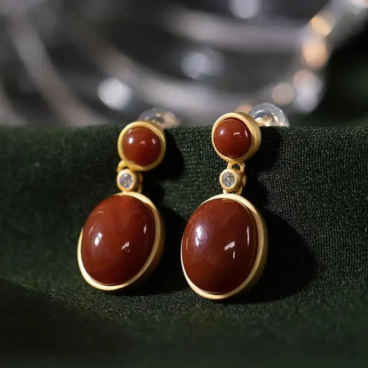 Classic Gold & Red Gemstone Dangle Earrings-Maryam Jewelry