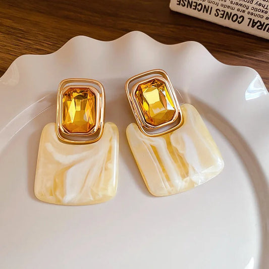 Timeless Gold Rectangular Yellow Gemstone & Marble Effect Earrings-Maryam Jewelry