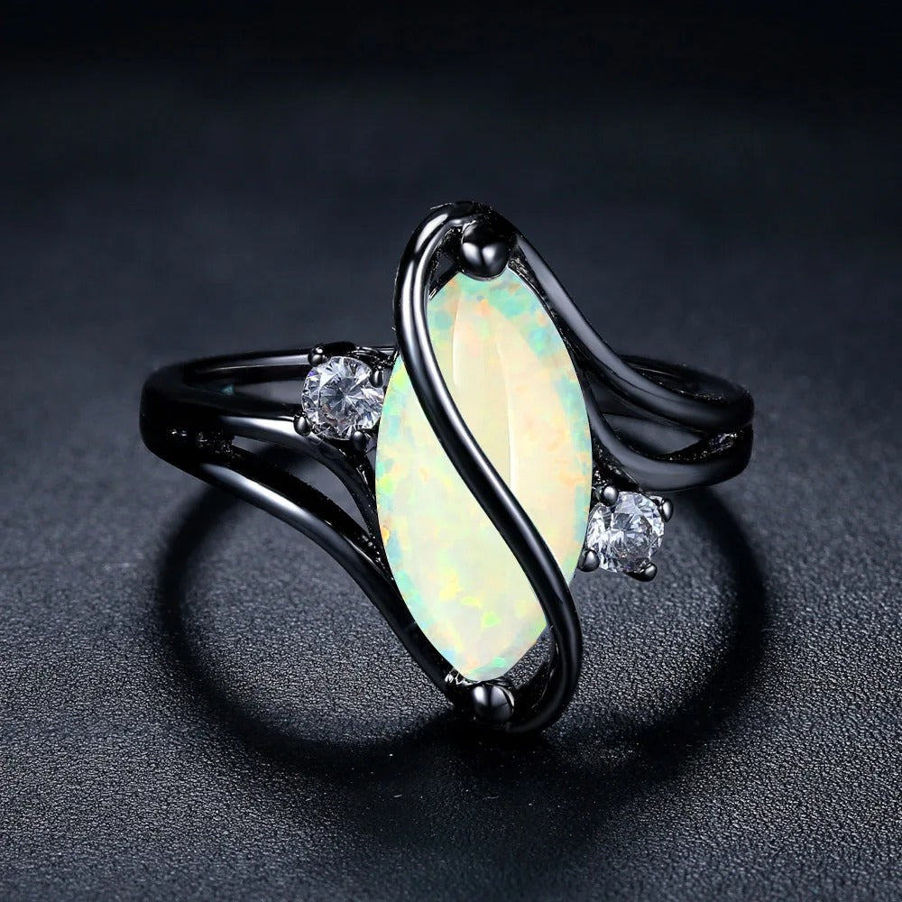 Vintage Black Silver Opal & Crystal Accent Ring-Maryam Jewelry