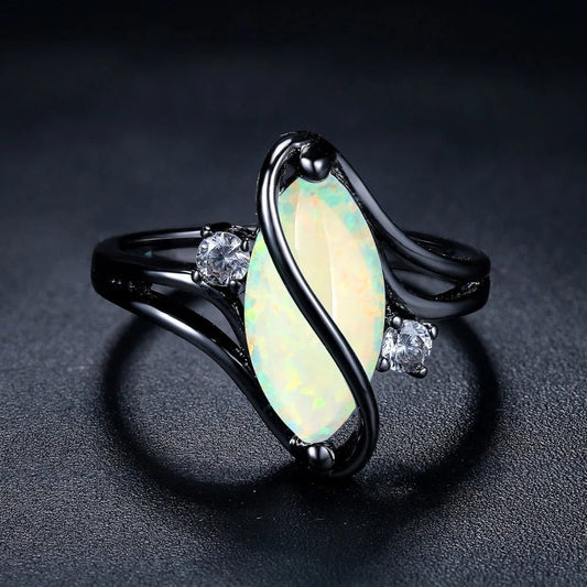 Vintage Black Silver Opal & Crystal Accent Ring-Maryam Jewelry