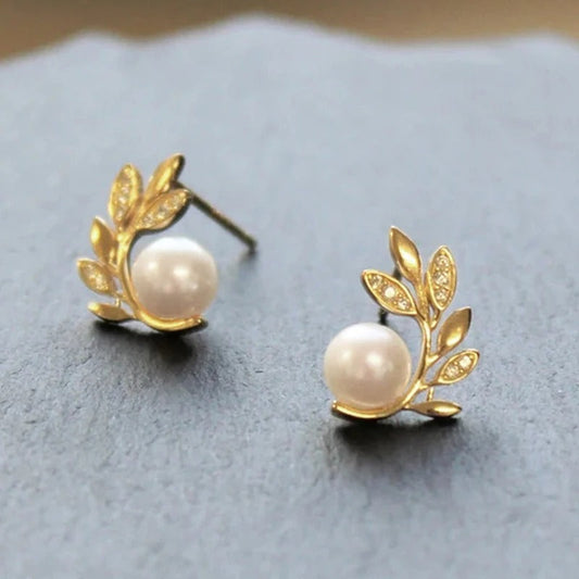 Pearl & Gold Leaf Stud Earrings-Maryam Jewelry