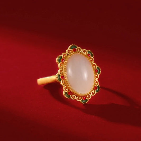 Classic Gold Oval White Gemstone & Floral Accent Adjustable Ring-Maryam Jewelry