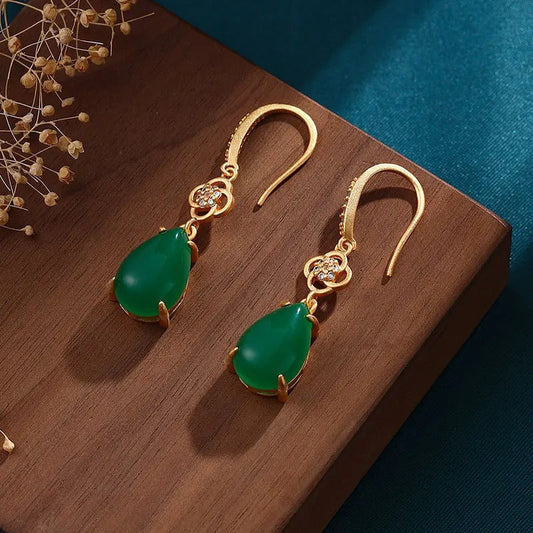 Classic Gold & Natural Green Chalcedony Earrings-Maryam Jewelry