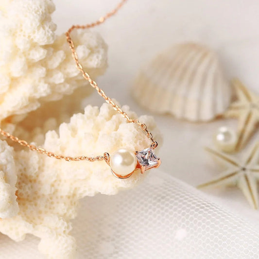 Classic Rose Gold Pearl & Sparkling Gem Necklace-Maryam Jewelry