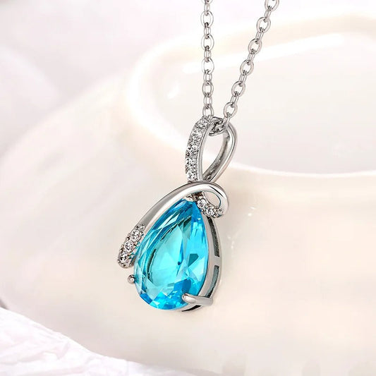 Vintage Silver Teardrop Aqua Necklace-Maryam Jewelry