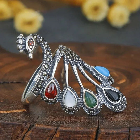 Ethnic Silver Multicolor Gemstone Gorgeous Peacock Ring-Maryam Jewelry