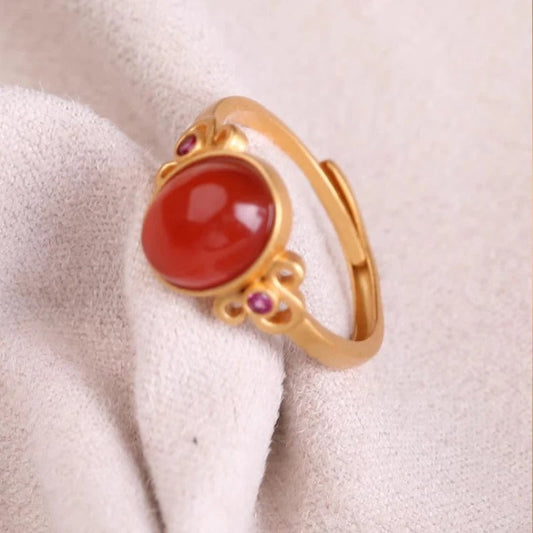Vintage Gold Inlaid Natural Red Carnelian Oval Adjustable Ring-Maryam Jewelry
