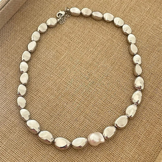 Retro Silver Teardrop Shaped Pearl & Bead Necklace-Maryam Jewelry