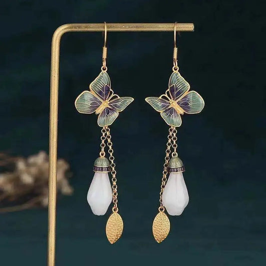 Vintage Gold & Green Butterfly Pearl Drop Earrings-Maryam Jewelry