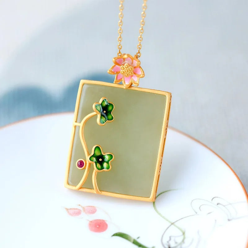 Vintage Green Blossom Gold Framed Leaf Necklace-Maryam Jewelry