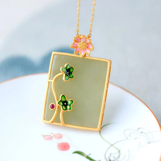 Vintage Green Blossom Gold Framed Leaf Necklace-Maryam Jewelry