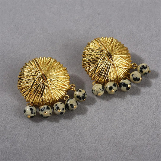 Retro Gold Dalmatian Stone Dangle Earrings-Maryam Jewelry
