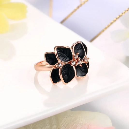 Timeless Rose Gold Black Floral Ring-Maryam Jewelry