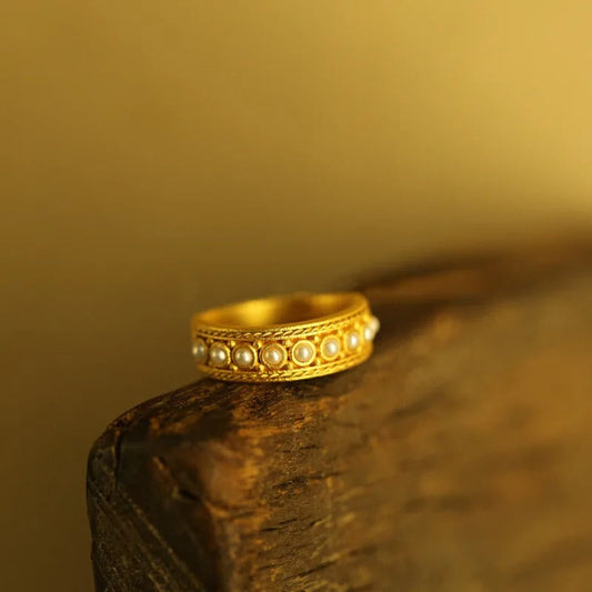 Vintage Gold Pearl-Accented Band Adjustable Ring-Maryam Jewelry