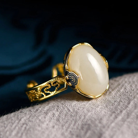 Classic Gold White Gemstone Jade Oval Adjustable Ring-Maryam Jewelry