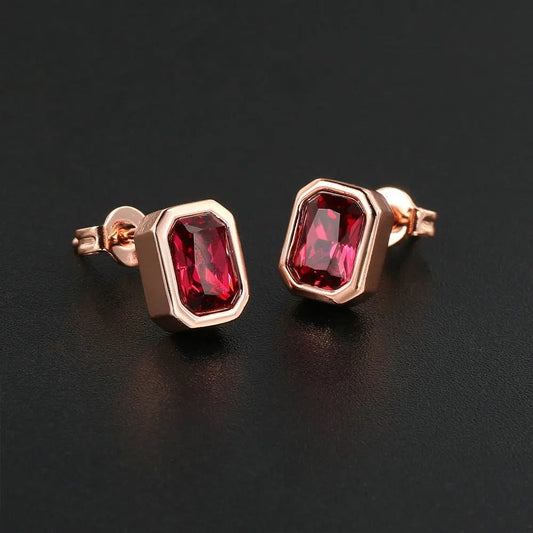 Vintage Rose Gold Deep Red Crystal Stud Earrings-Maryam Jewelry