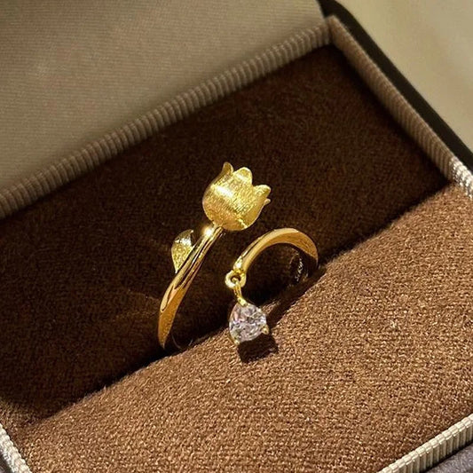 Classic Gold & Lily-Shaped Diamond Accent Adjustable Ring-Maryam Jewelry