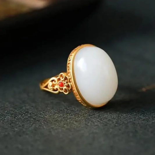 Vintage Gold White Hollow Oval Ring Jade Ring-Maryam Jewelry