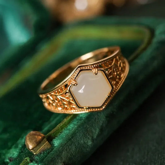 Vintage Gold & Hexagonal White Stone Filigree Adjustable Ring-Maryam Jewelry