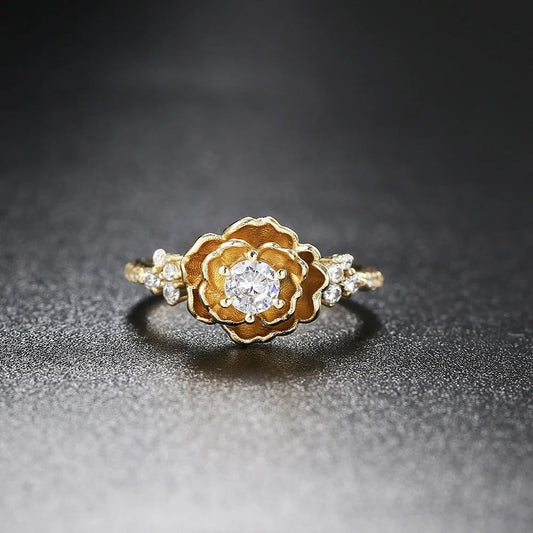 Classic Gold Flower Center Gem & Side Crystal Ring-Maryam Jewelry