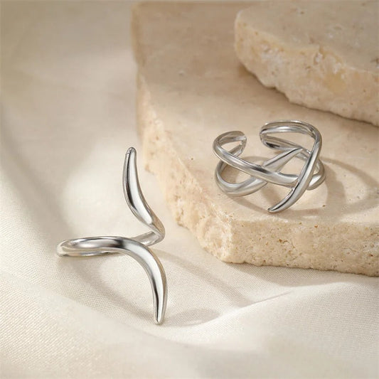 Vintage Silver Twist Sculpted Curved Design Adjustable Ring Set-Maryam Jewelry
