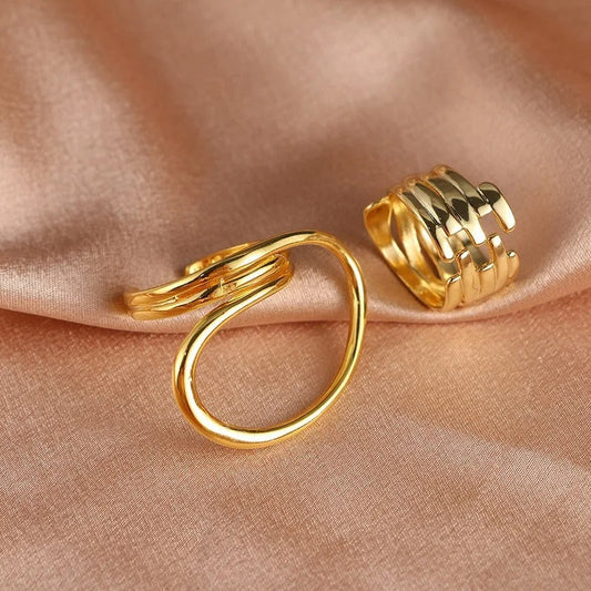Retro Smooth Curved & Layered Gold Band Adjustable Ring Set-Maryam Jewelry
