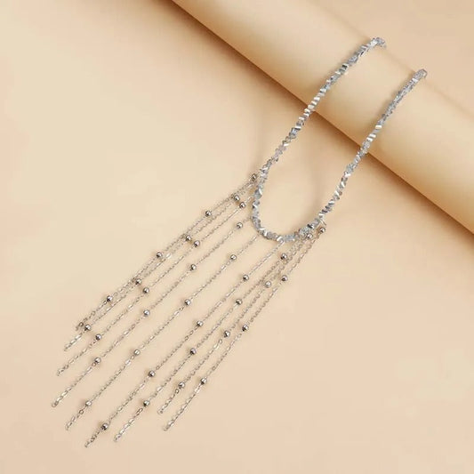 Silver Fringe & Beaded Chain Drops Necklace-Maryam Jewelry