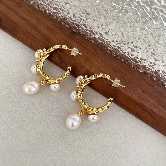 Antique Style Gold Hoop Freshwater Pearl Charm Earrings-Maryam Jewelry