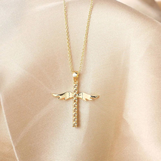 Gold Angelic Winged Cross Pendant Necklace-Maryam Jewelry