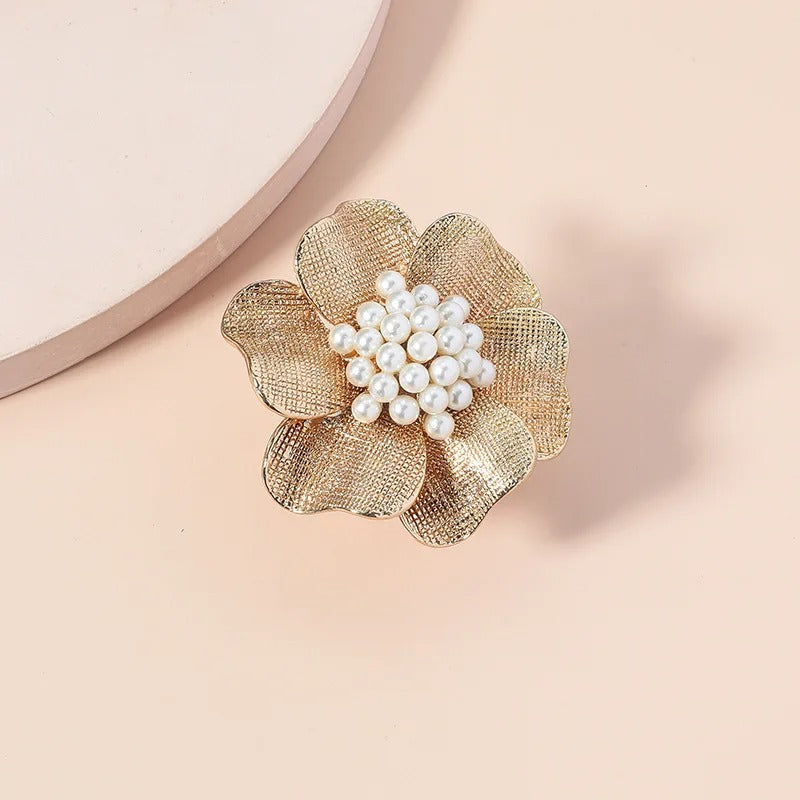 Classic Gold Floral White Pearl Adjustable Ring-Maryam Jewelry