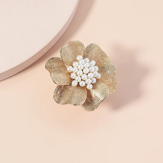 Classic Gold Floral White Pearl Adjustable Ring-Maryam Jewelry