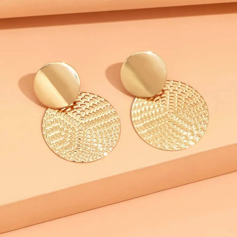 Bohemian Gold Textured Circle Pendant Earrings-Maryam Jewelry