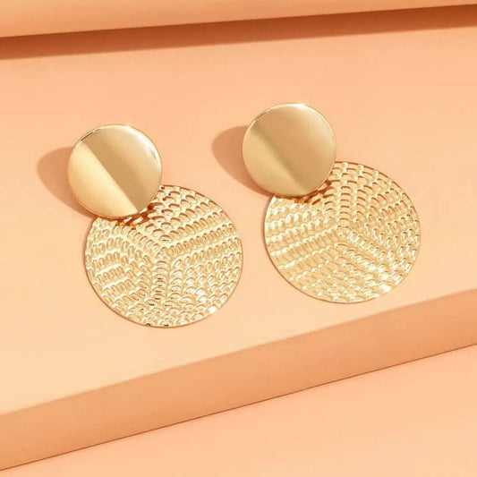 Bohemian Gold Textured Circle Pendant Earrings-Maryam Jewelry