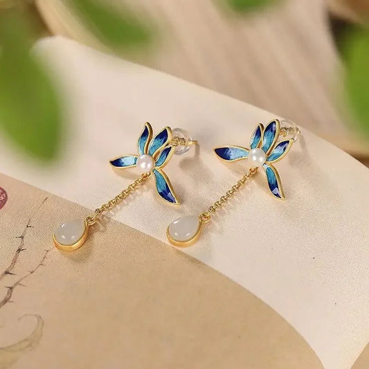 Vintage Gold & Blue Flower Pearl Jade Drop Earrings-Maryam Jewelry