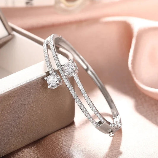 Silver Crystal Double Bar Bracelet-Maryam Jewelry