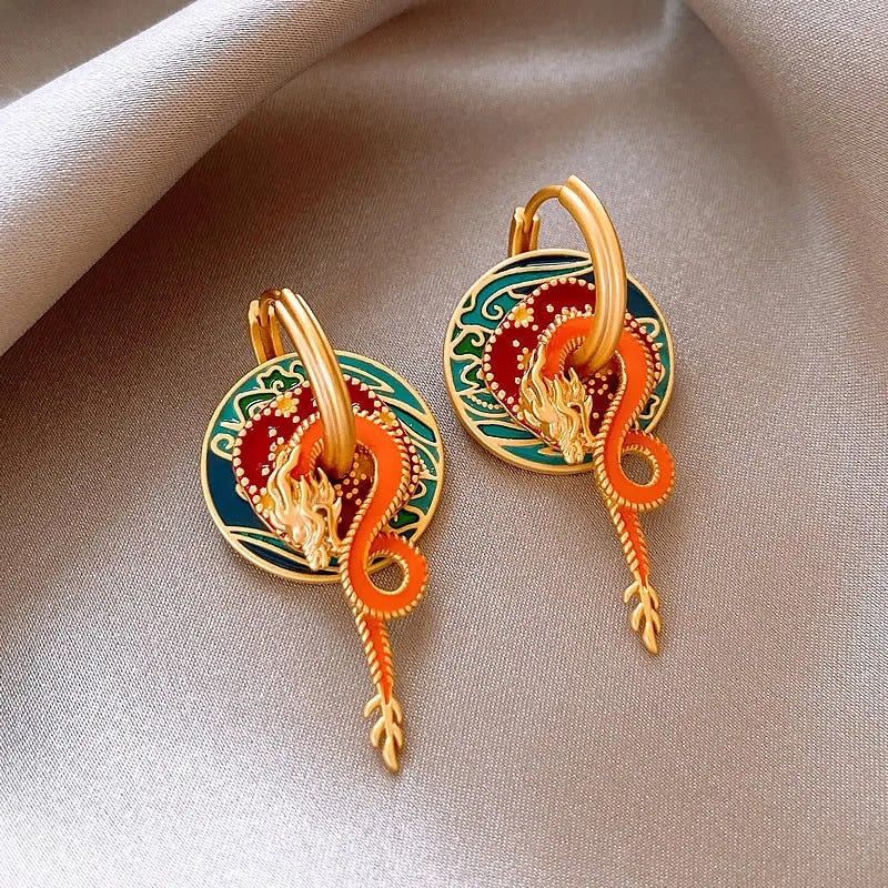 Classic Gold Colorful Dragon & Flame Design Earrings-Maryam Jewelry
